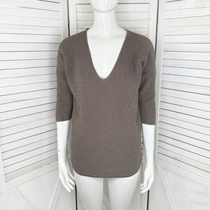 Express Deep V Neck Metallic Thread Tunic Sweater Taupe Brown Copper Small